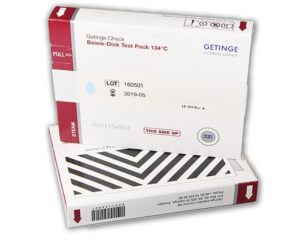 The Getinge Check Bowie-Dick Test Pack 134°C is for daily monitoring of steam sterilizers operating at 134°C. The test pack is packaged in an easy to open box and designed to operate in sterilizers with sub-atmospheric or trans-atmospheric cycles as defined in EN ISO 11140-4. • Easy to interpret and printed on the box • Clear color change – blue to black • Lead-free and no toxic heavy metals • Recordable • Conforms to EN ISO 11140-4 • For use in sub-atmospheric or trans-atmospheric test cycles