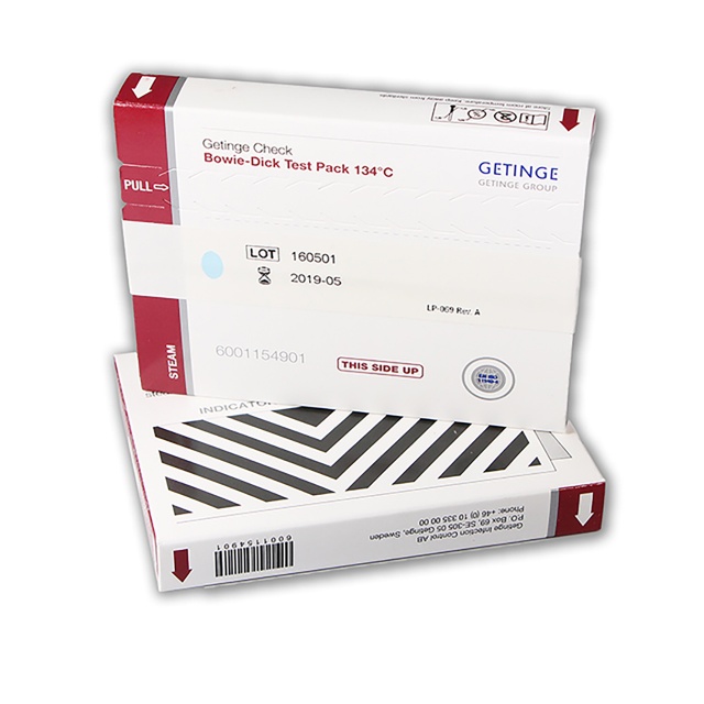 The Getinge Check Bowie-Dick Test Pack 134°C is for daily monitoring of steam sterilizers operating at 134°C. The test pack is packaged in an easy to open box and designed to operate in sterilizers with sub-atmospheric or trans-atmospheric cycles as defined in EN ISO 11140-4. • Easy to interpret and printed on the box • Clear color change – blue to black • Lead-free and no toxic heavy metals • Recordable • Conforms to EN ISO 11140-4 • For use in sub-atmospheric or trans-atmospheric test cycles